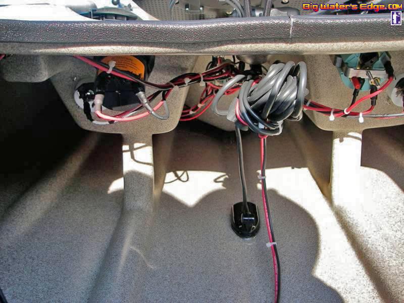 Transducer surface mounted in hull. Not optimum but will suffice for now. (my next kayak will have a dedicated through-the-hull mount) Here you can see a lot of the wiring that was involved in rigging this kayak. CJ did a great job with it.